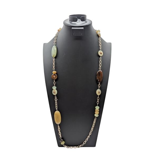 Vtg Green Brown Neutral Colors Stone & Glass Bead Silver Tone Chain Necklace - Picture 7 of 7